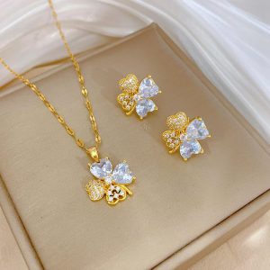 Copper Set Zircon Gold Plated Stainless Steel Chain Flower butterfly Earrings Necklace Women's Jewelry