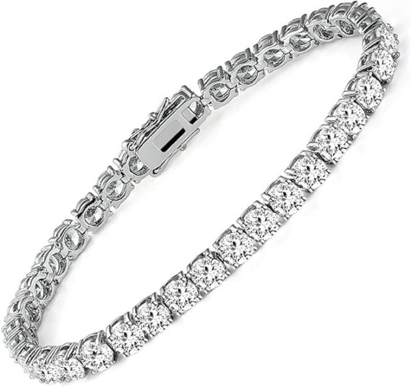 18k White Gold Plated CZ Tennis Bracelet, 4MM Cubic Zirconia Charm Bracelet for Women Men
